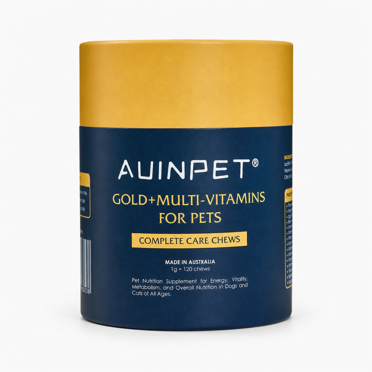 Front of the Auinpet Gold+Multi-Vitamins for Pets tube of complete care chews, made in Australia