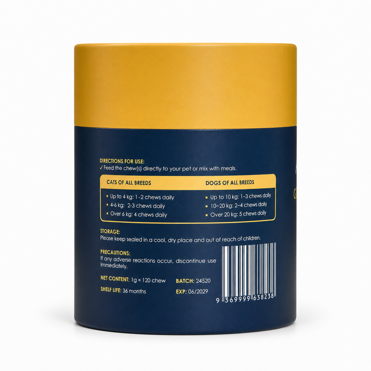 Back of the Auinpet Gold+Multi-Vitamins for Pets tube with the dosage guide by pet weight and barcode