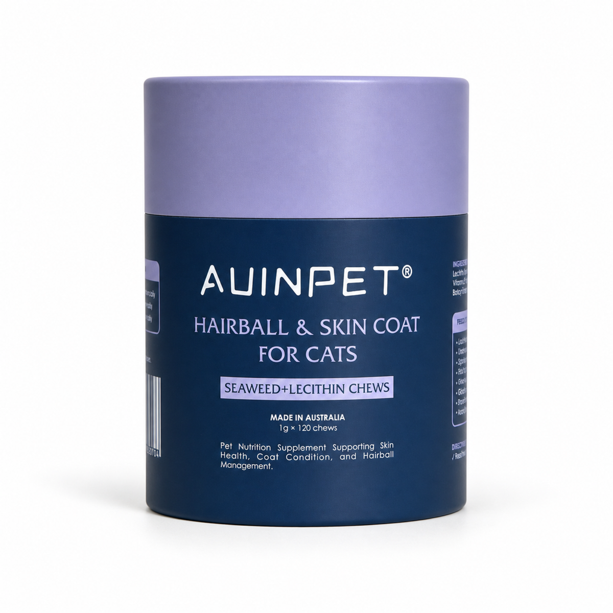 Front of the Auinpet Hairball & Skin Coat for Cats tube of seaweed and lecithin chews, made in Australia