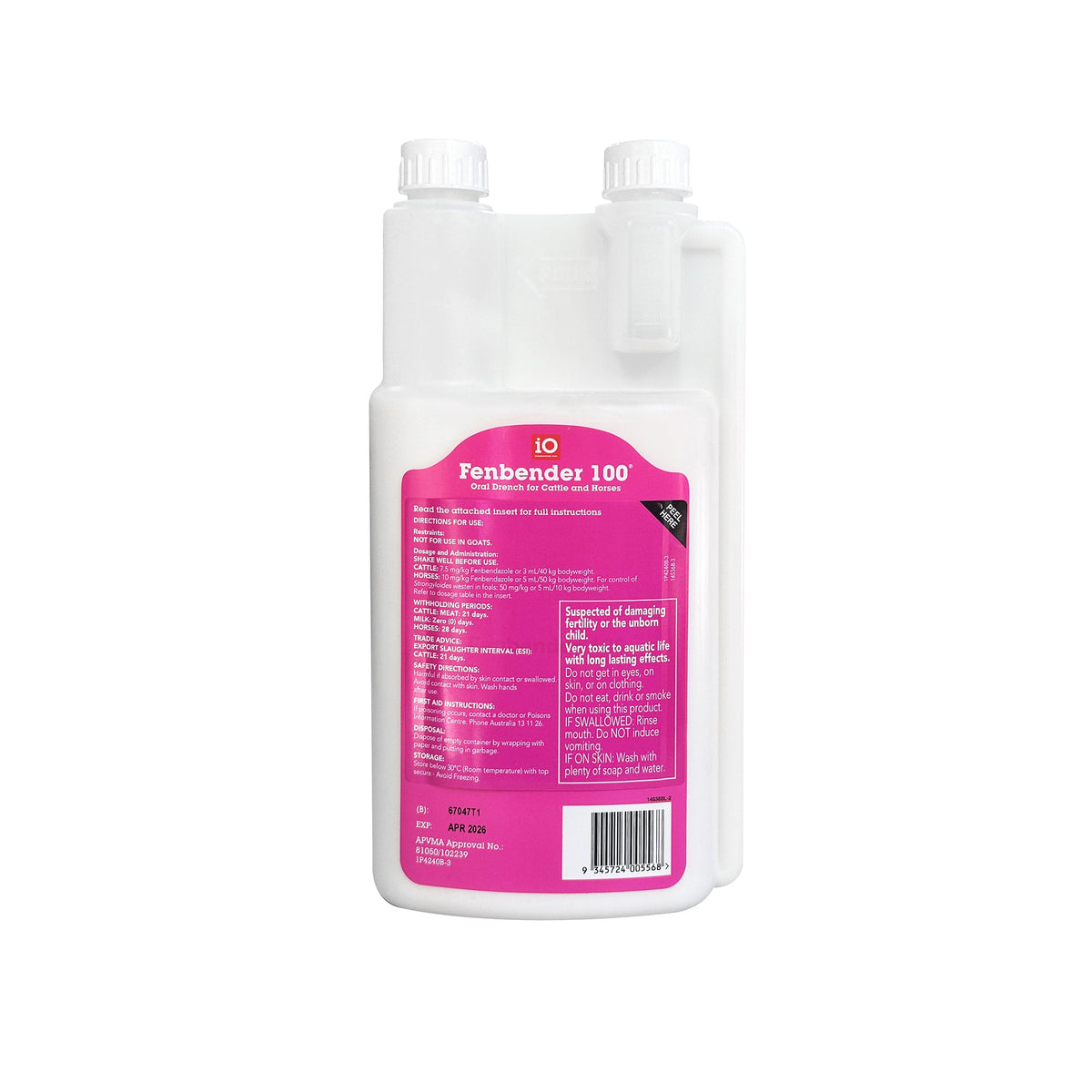 Fenbender 100 1L bottle back label with dosage directions