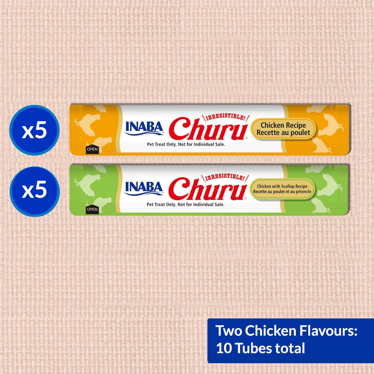 Inaba Churu Puree Chicken Varieties 10-tube pack flavour line-up: 5 each of Chicken and Chicken with Scallop