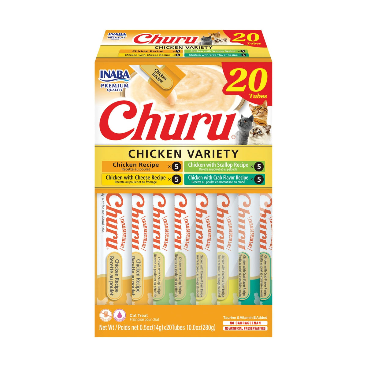 Inaba Churu Puree Chicken Varieties cat treats, front of the 20-tube box