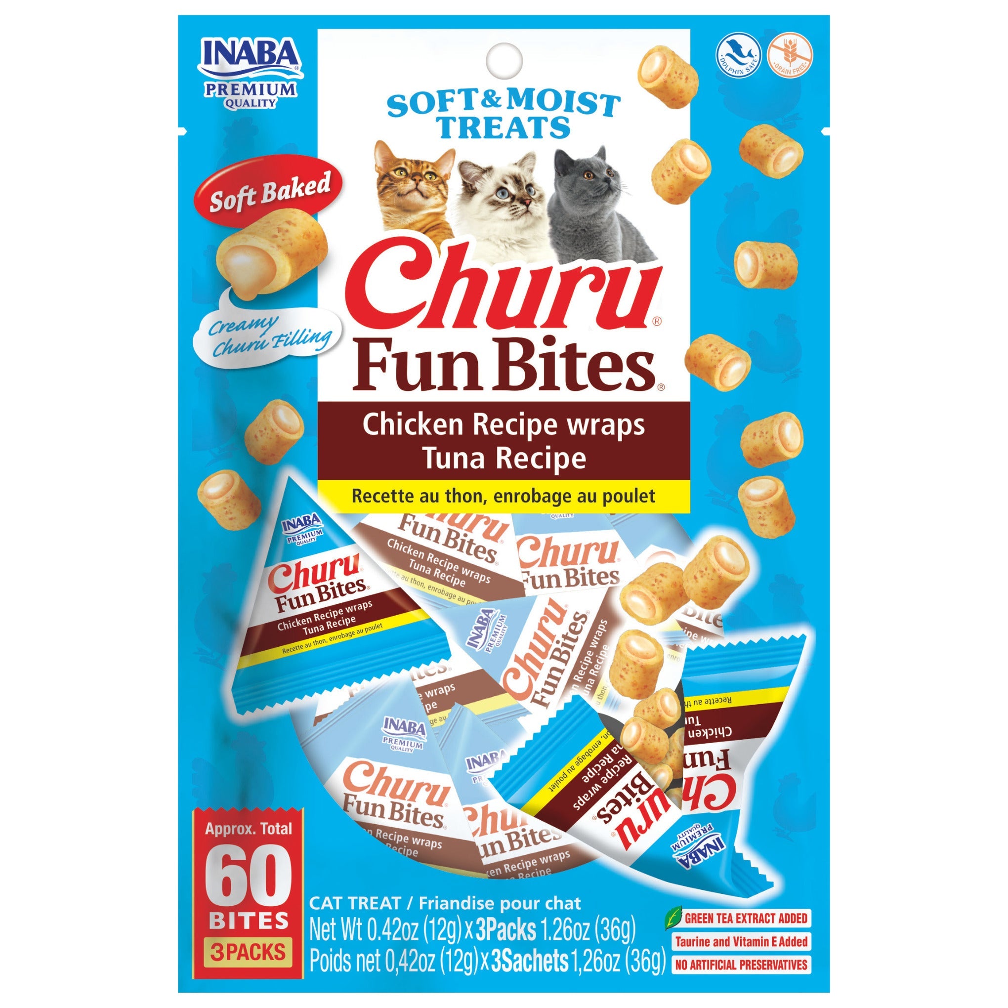 Inaba Churu Fun Bites Chicken Wraps with Tuna cat treat, front of pack, 3 packs x 12g