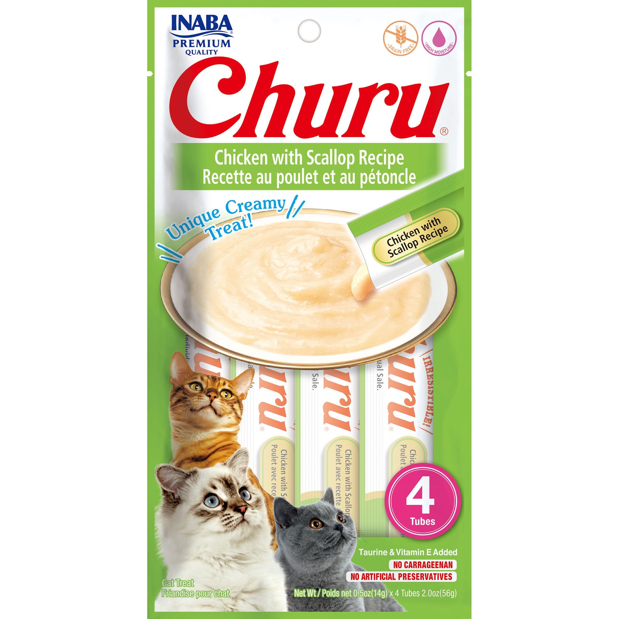 Inaba Churu Puree Chicken with Scallop cat treat, front of pack, 4 tubes x 14g