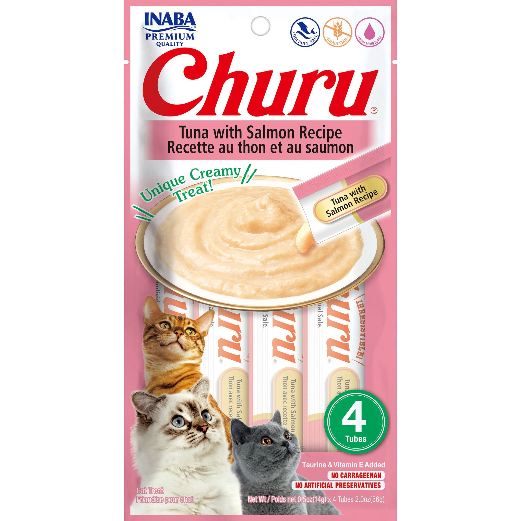 Inaba Churu Puree Tuna with Salmon cat treat, front of pack, 4 tubes x 14g