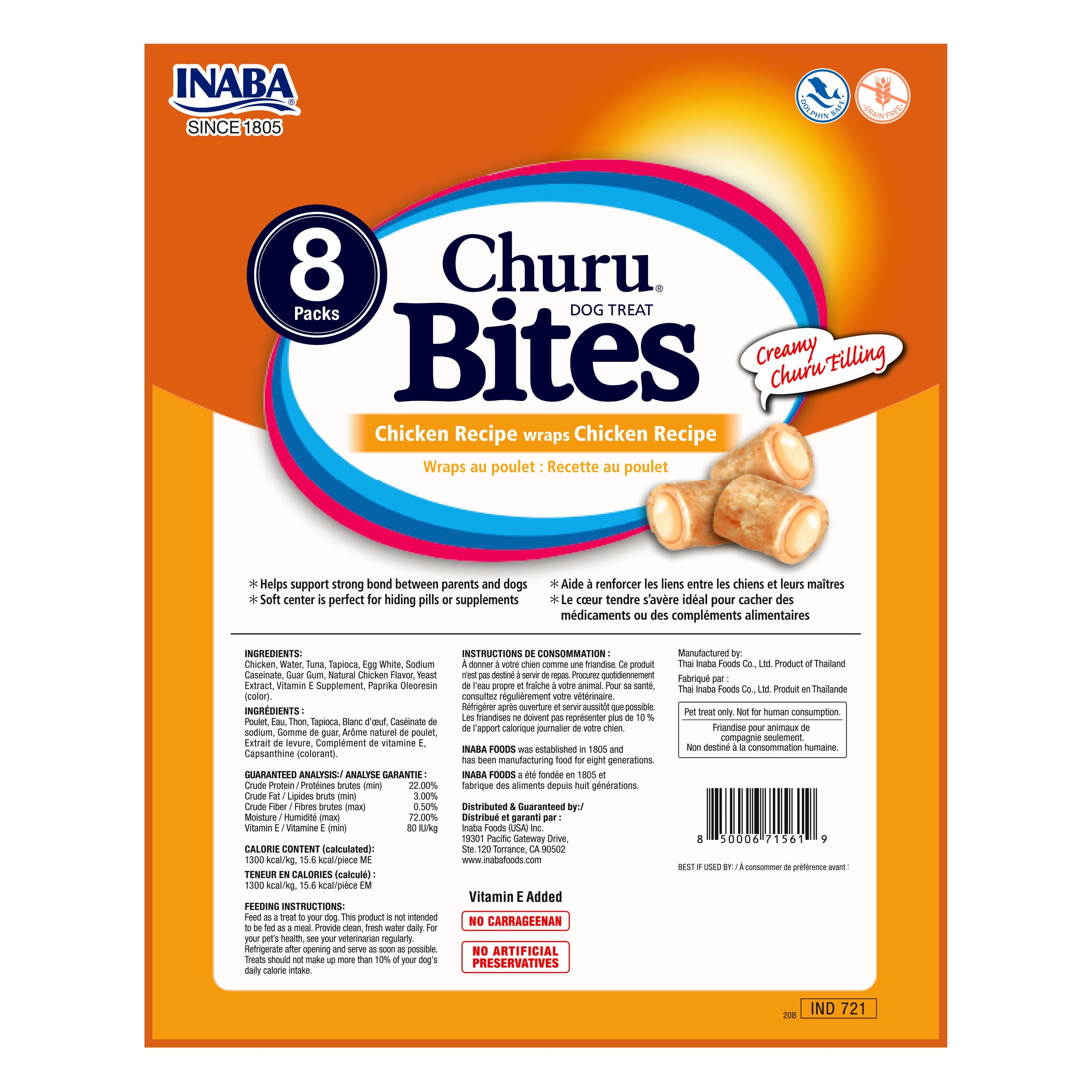 Inaba Churu Bites Wraps Chicken dog treat, back of pack showing ingredients and feeding guide