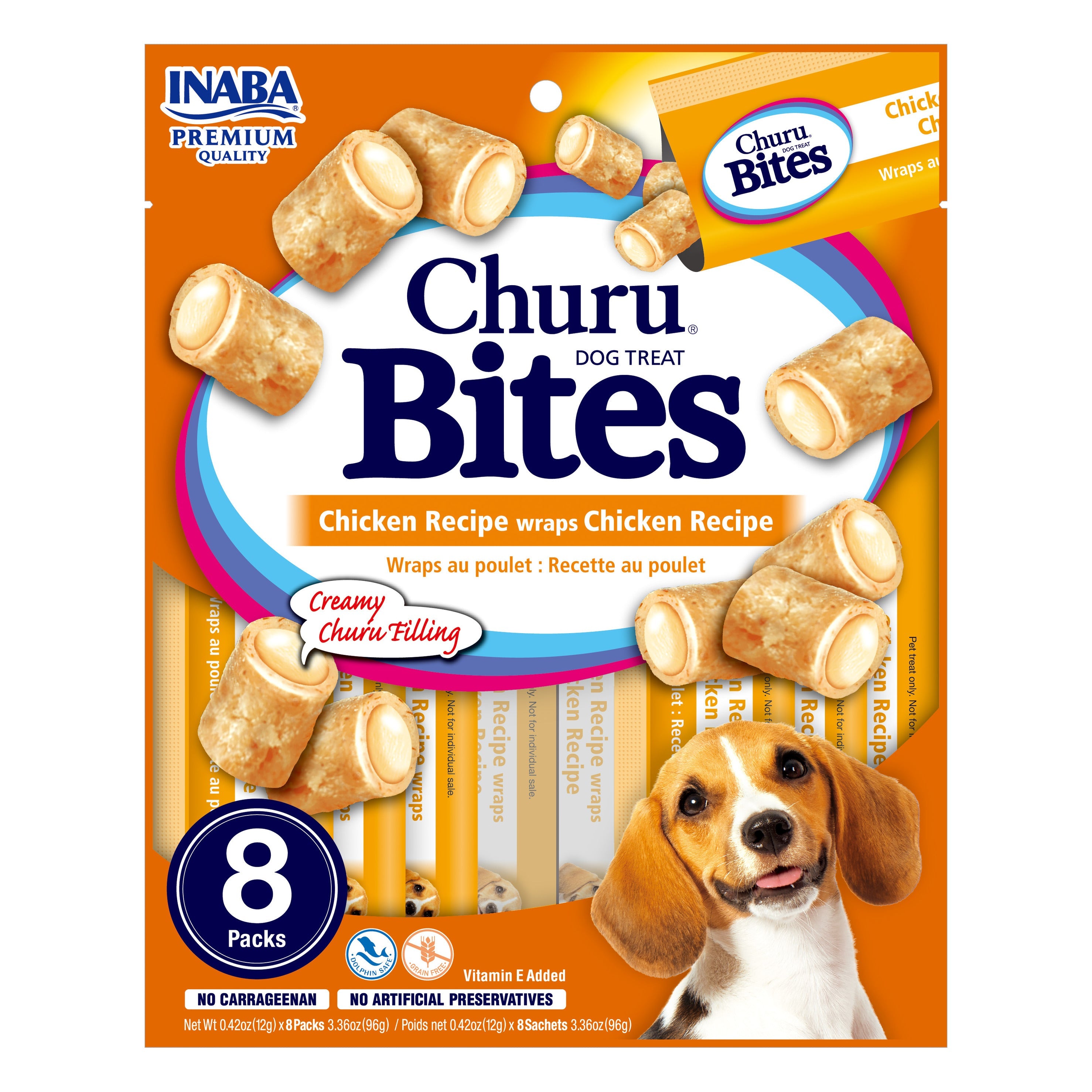 Inaba Churu Bites Wraps Chicken dog treat, front of pack, 8 sticks x 12g