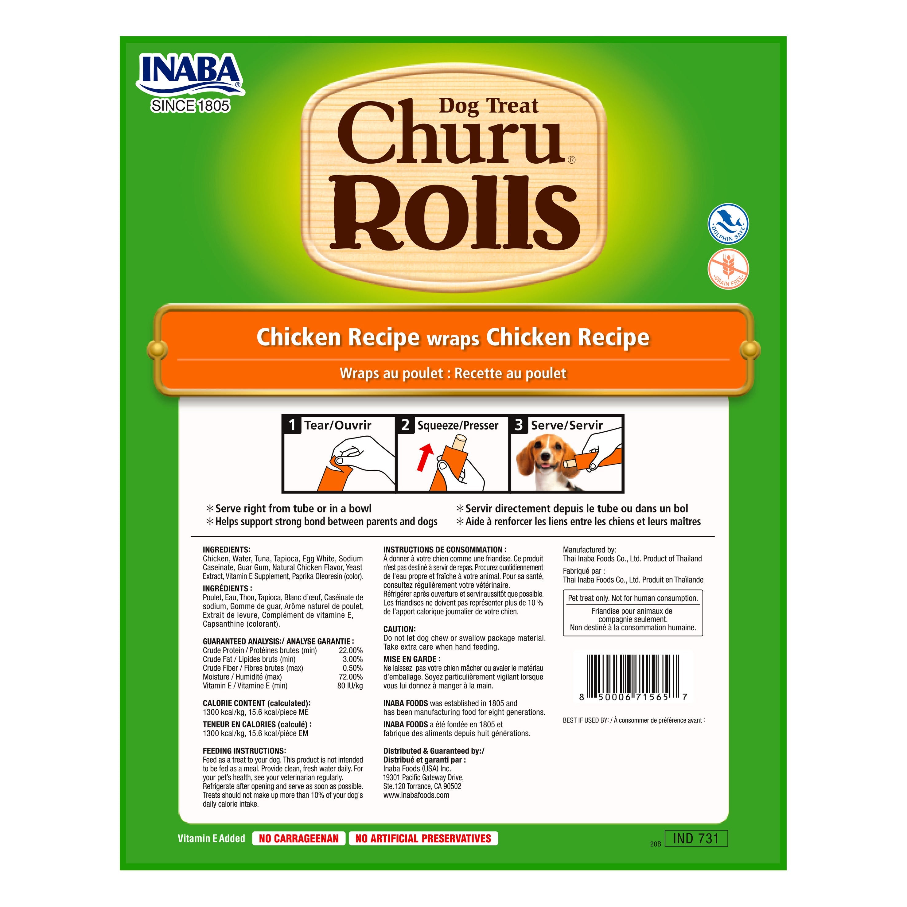 Inaba Churu Rolls Chicken Wraps dog treat, back of pack showing ingredients and feeding guide