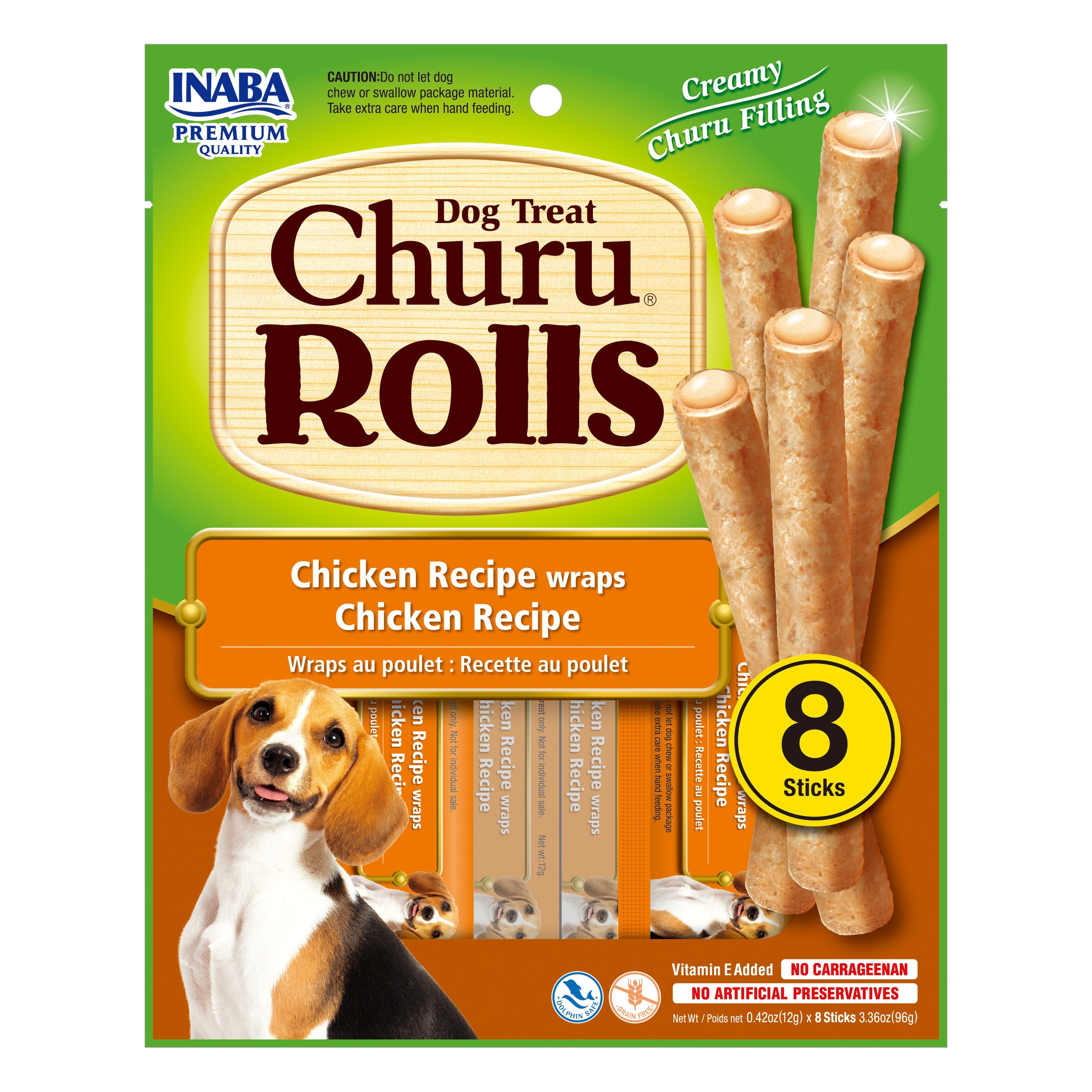 Inaba Churu Rolls Chicken Wraps dog treat, front of pack, 8 sticks x 12g