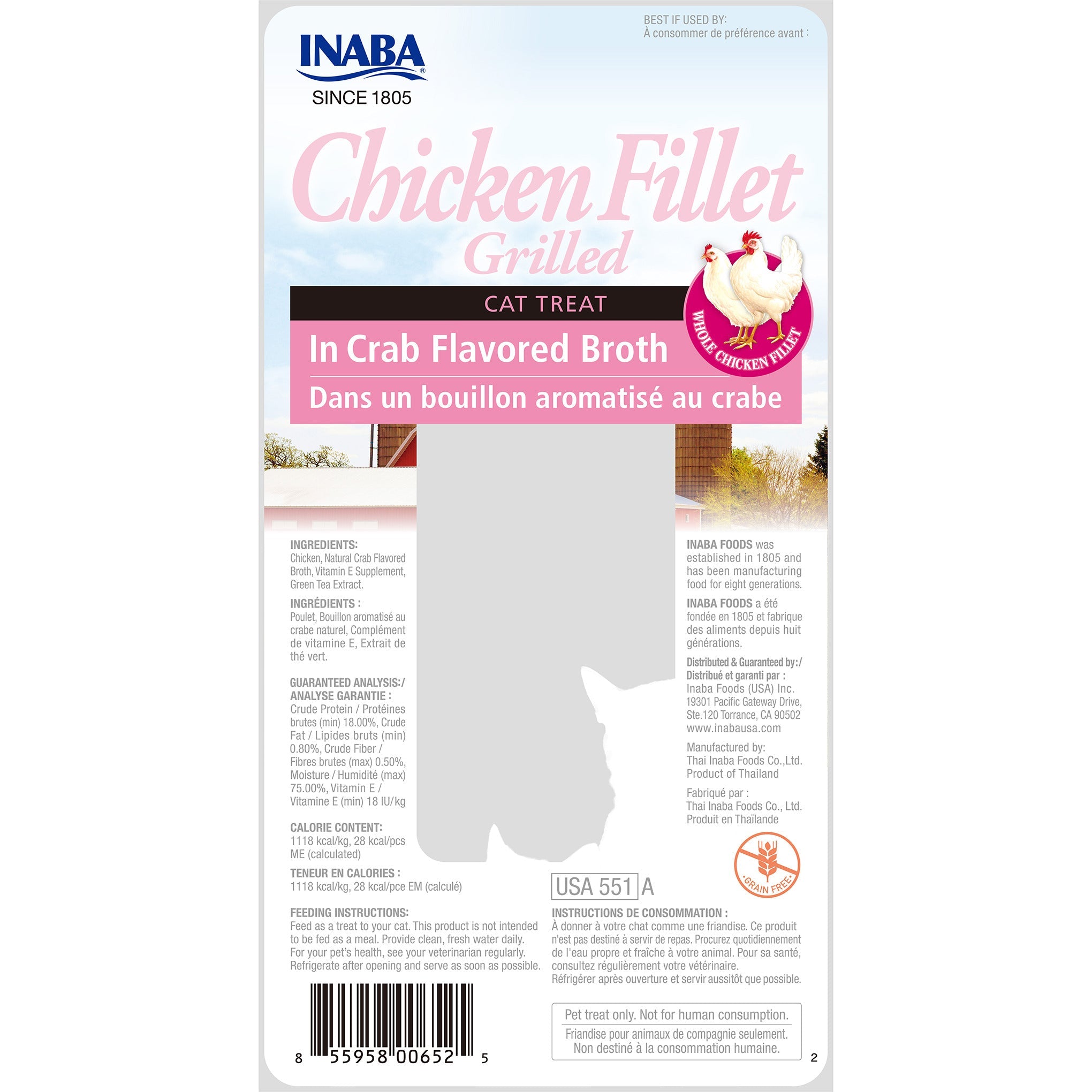 Inaba Grilled Chicken Fillet in Crab Broth cat treat, back of pack showing ingredients and feeding guide