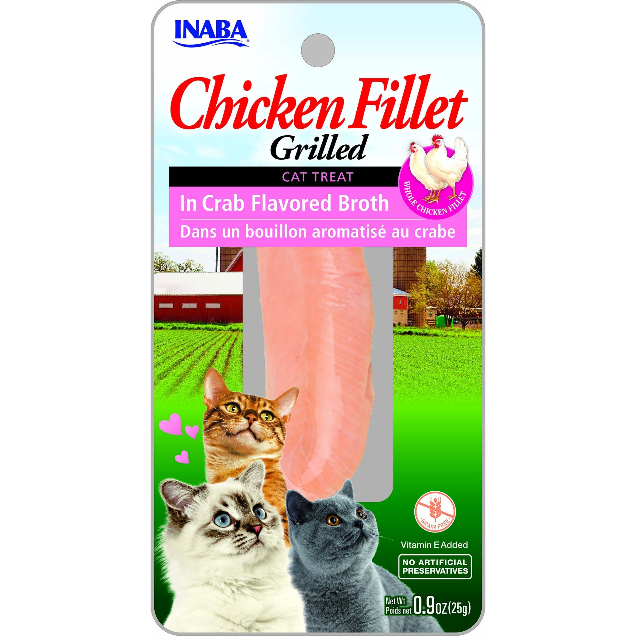 Inaba Grilled Chicken Fillet in Crab Broth cat treat, front of pack, 2 sticks x 15g