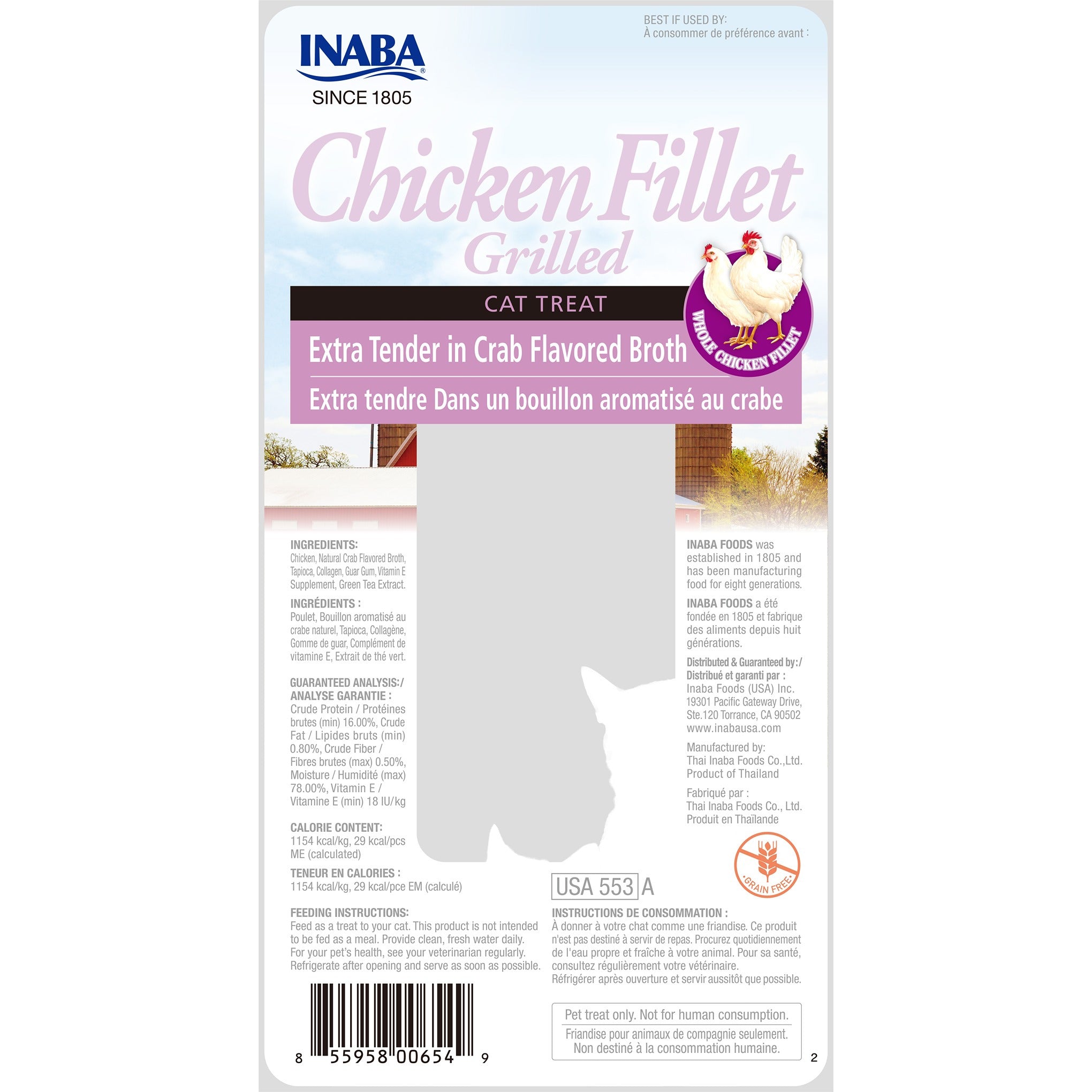 Inaba Grilled Chicken Fillet Extra Tender in Crab Broth cat treat, back of pack showing ingredients and feeding guide