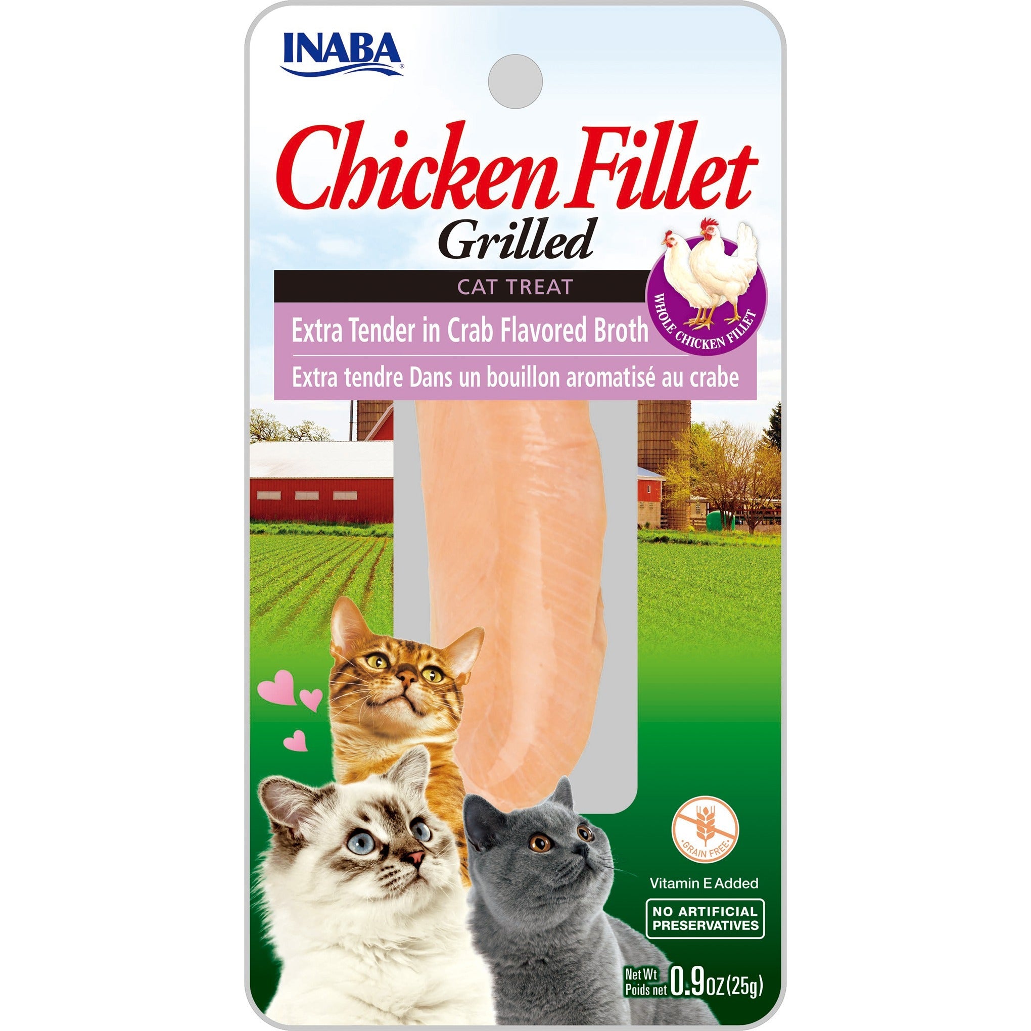 Inaba Grilled Chicken Fillet Extra Tender in Crab Broth cat treat, front of pack, 2 sticks x 15g