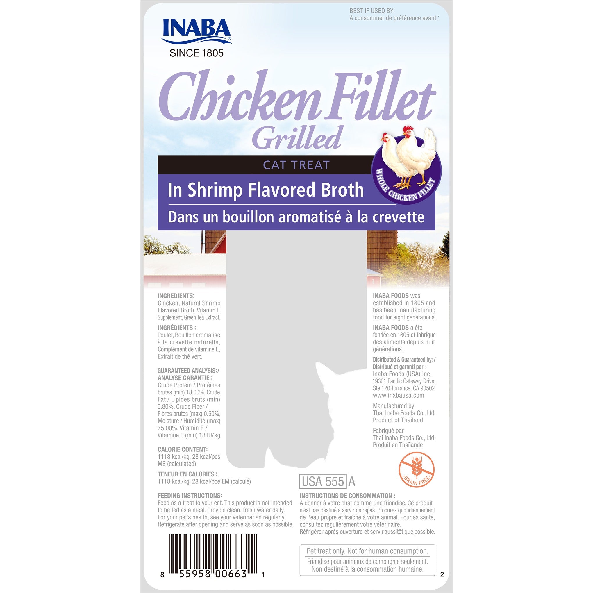 Inaba Grilled Chicken Fillet in Shrimp Broth cat treat, back of pack showing ingredients and feeding guide