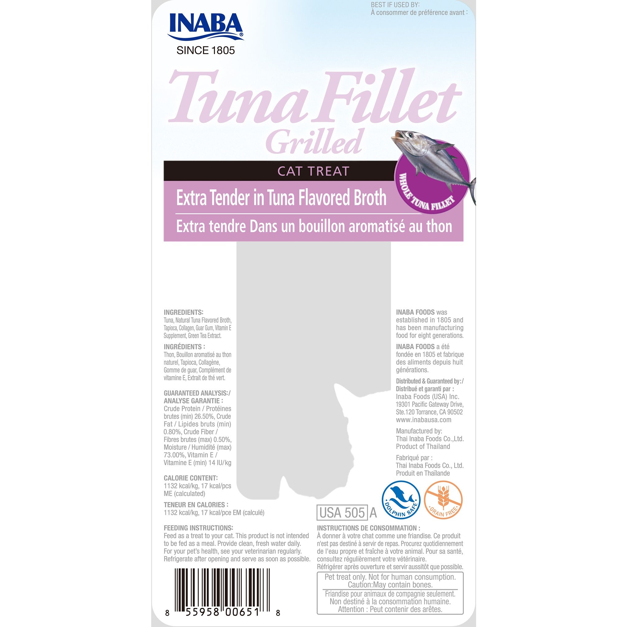 Inaba Grilled Tuna Fillet Extra Tender in Tuna Broth cat treat, back of pack showing ingredients and feeding guide