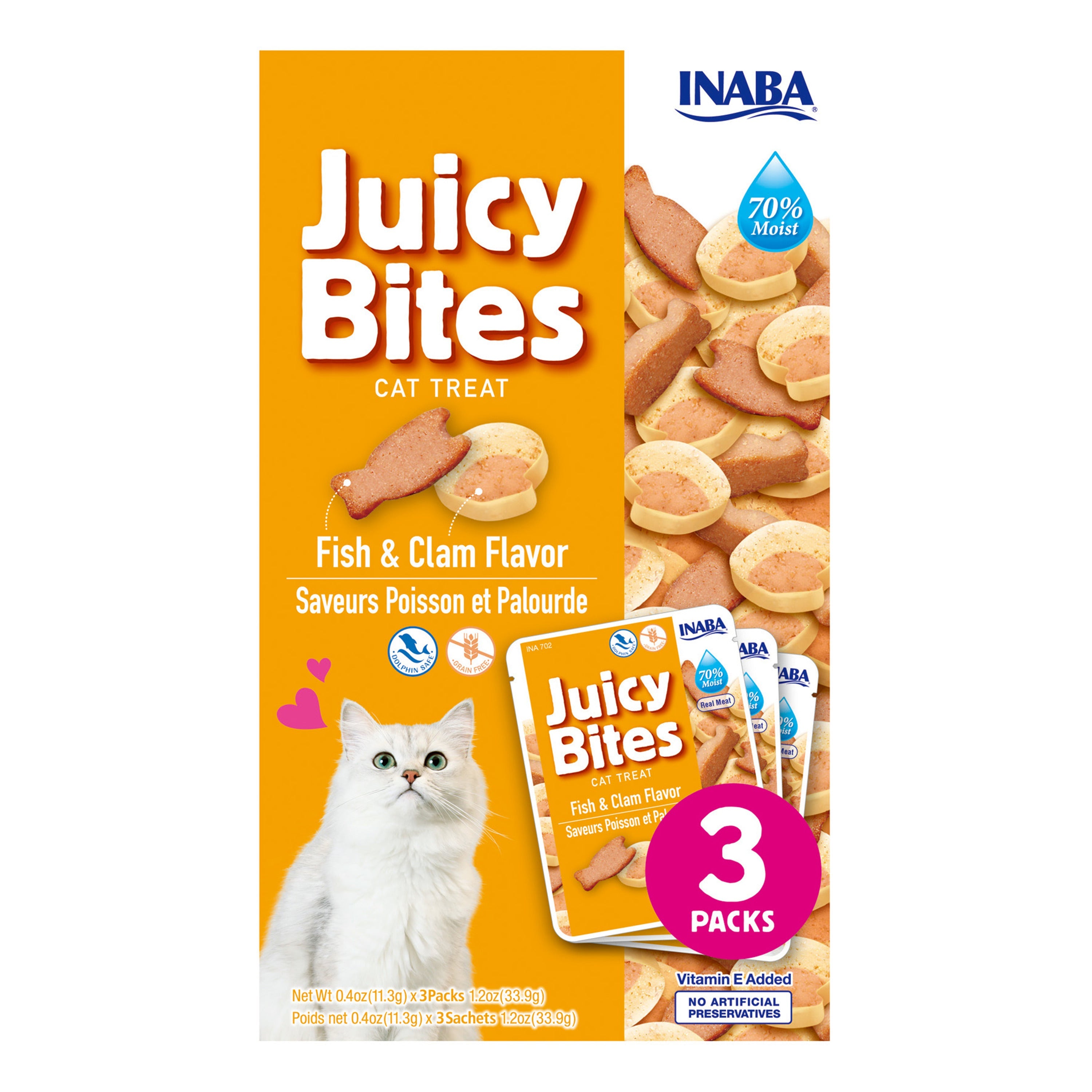 Inaba Juicy Bites Fish & Clam cat treat, front of pack, 3 packs x 11.3g