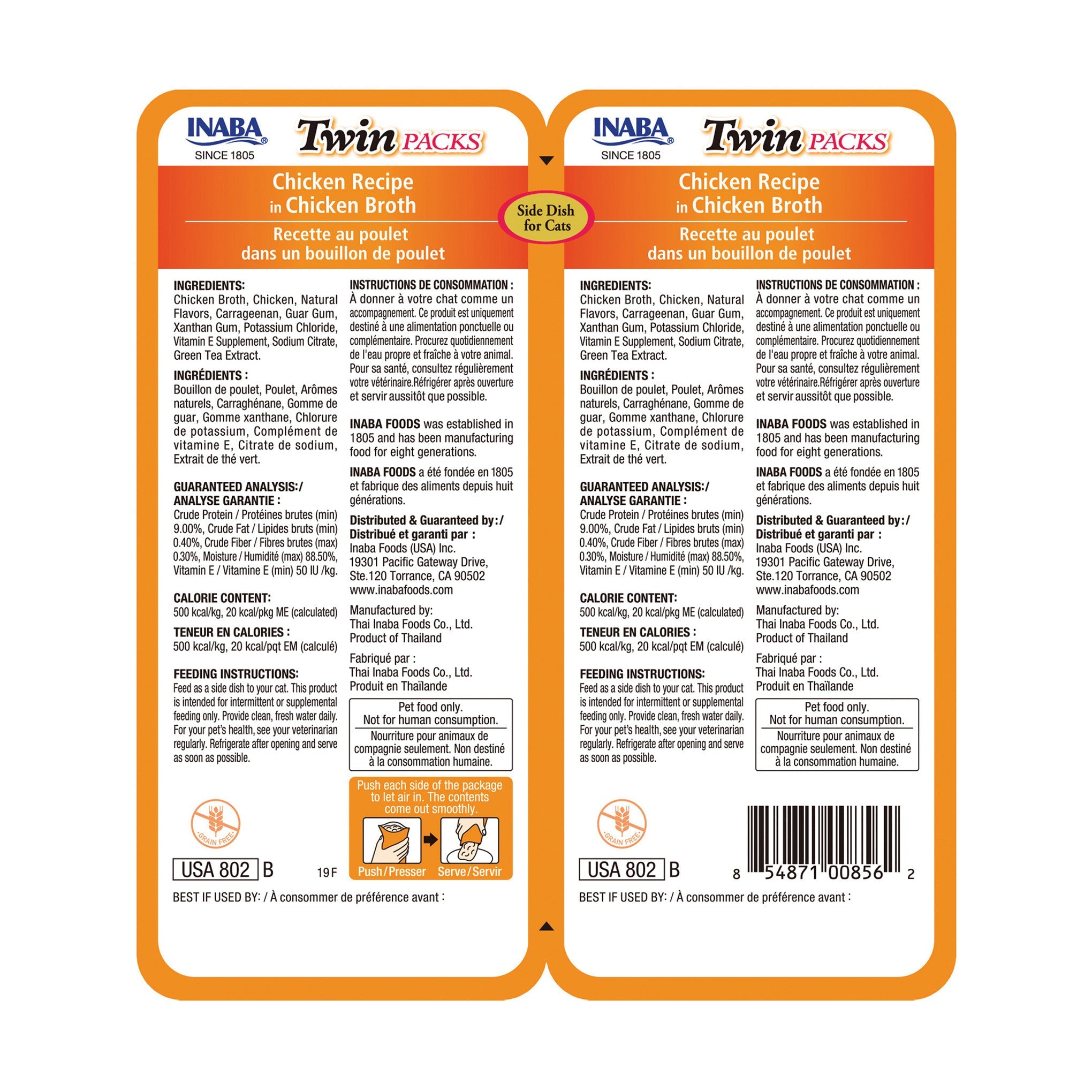 Inaba Twin Packs Chicken in Chicken Broth cat treat, back of pack showing ingredients and feeding guide