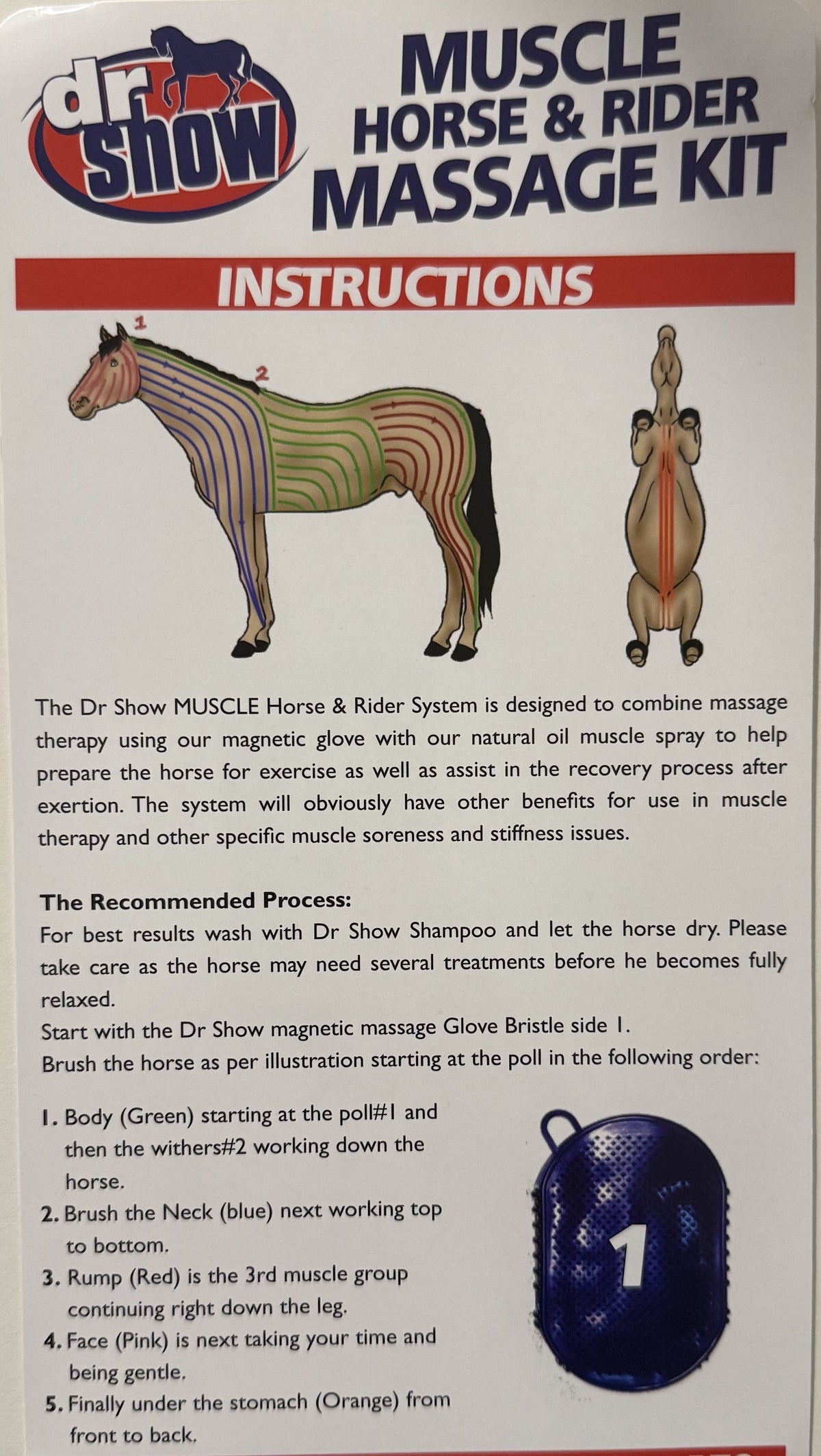 Dr Show magnetic massage glove instruction sheet, page one