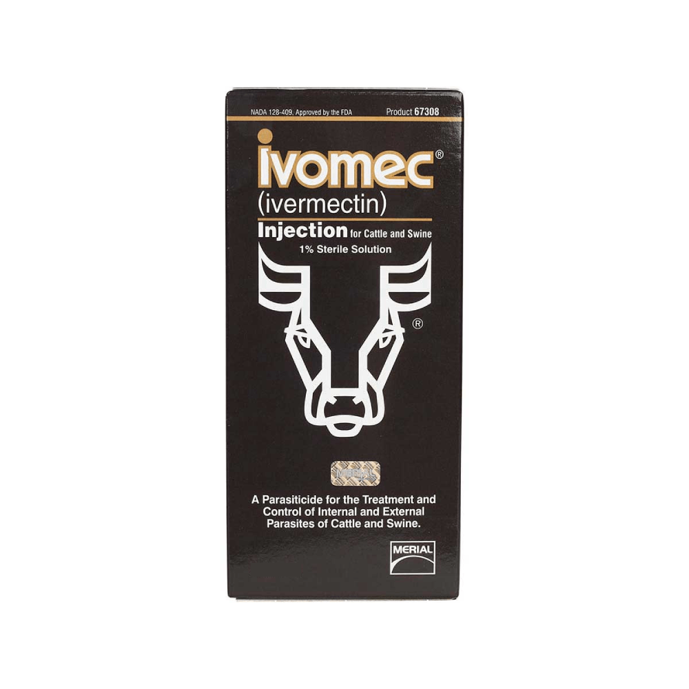 Ivomec Injection for Cattle bottle with the yellow Ivomec label, front of pack