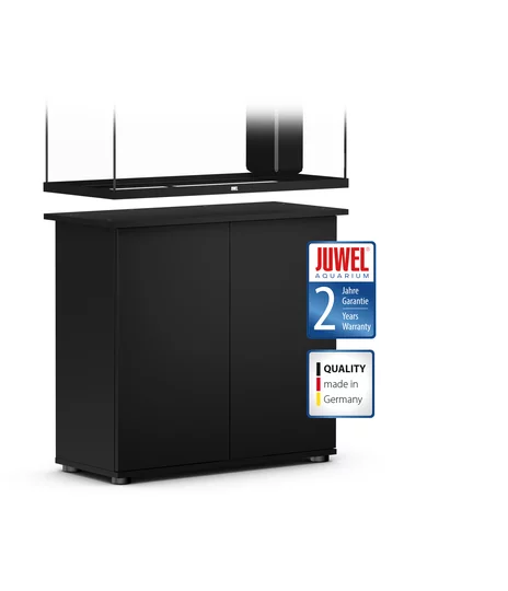 Render of a black Juwel RIO cabinet with two-year guarantee and made in Germany badges