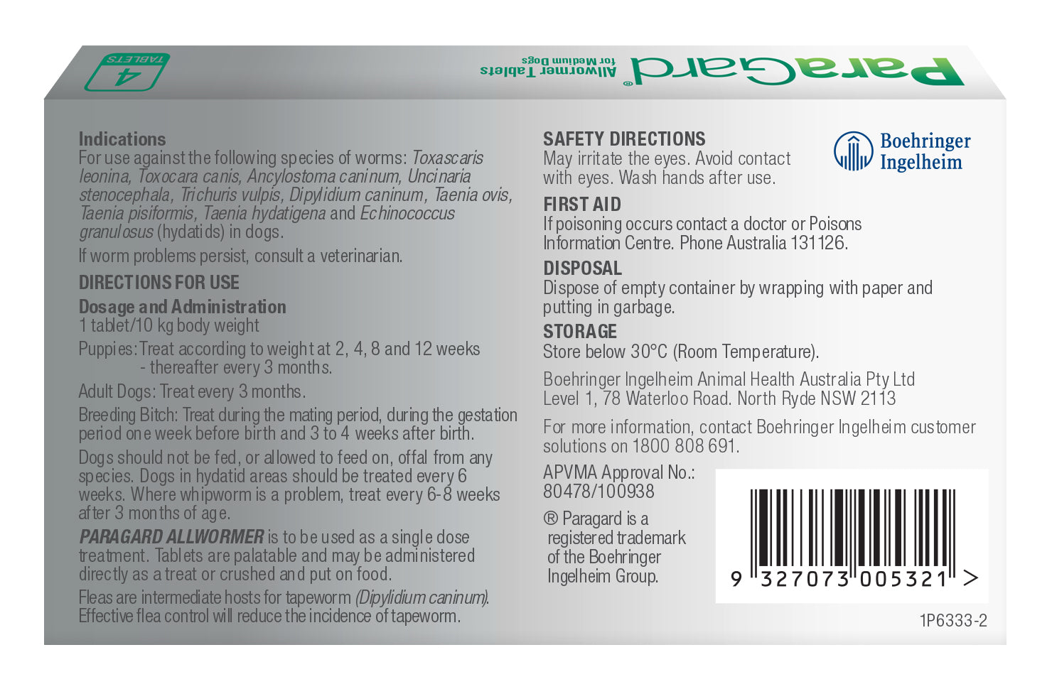 Back of the green ParaGard Allwormer 4 pack for Medium Dogs