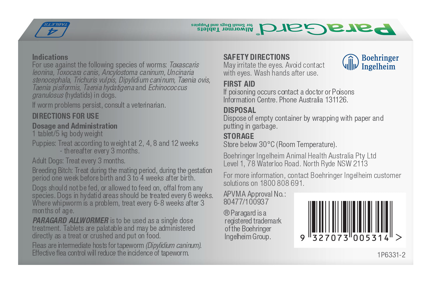 Back of the blue ParaGard Allwormer 4 pack for Small Dogs and Puppies