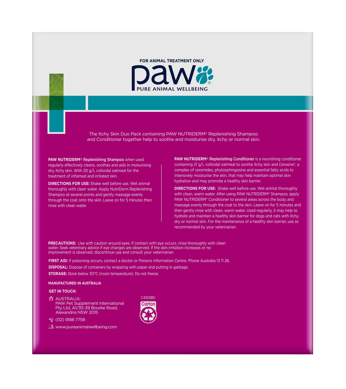 PAW by Blackmores NutriDerm Duo Pack – back of carton with directions and ingredients