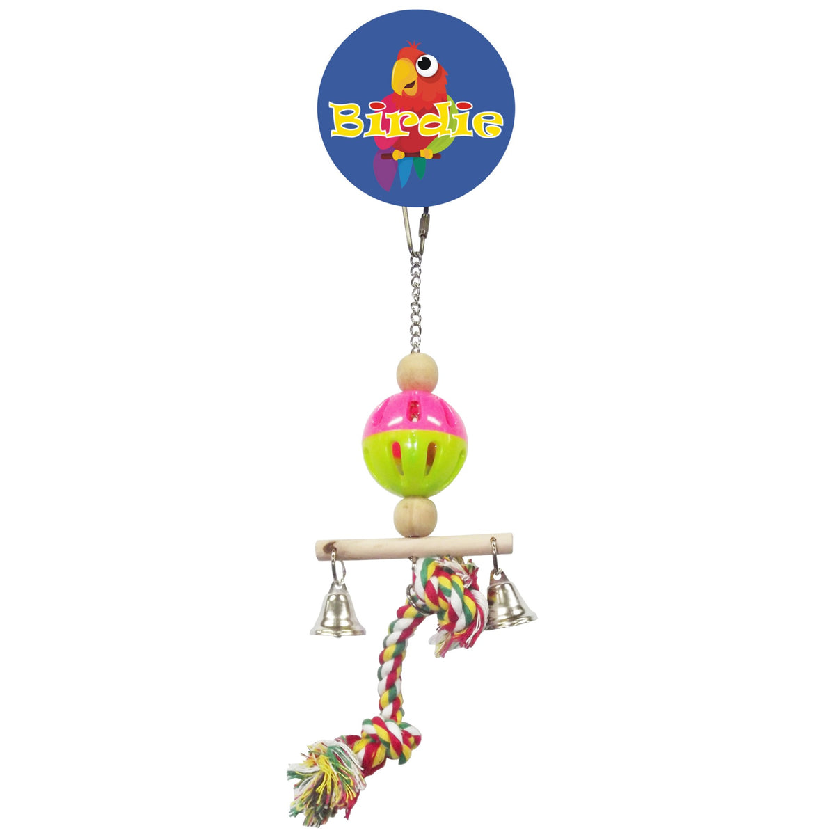 Birdie hanging toy on its round Birdie card, a pink and green rattle ball over a perch bar with bells and rope
