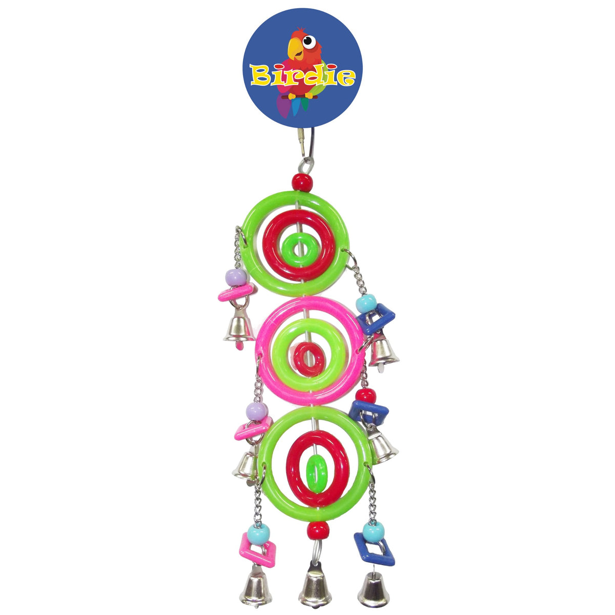 Birdie Large Plastic Ring toy on its Birdie card, three green and pink rings with beads and small bells