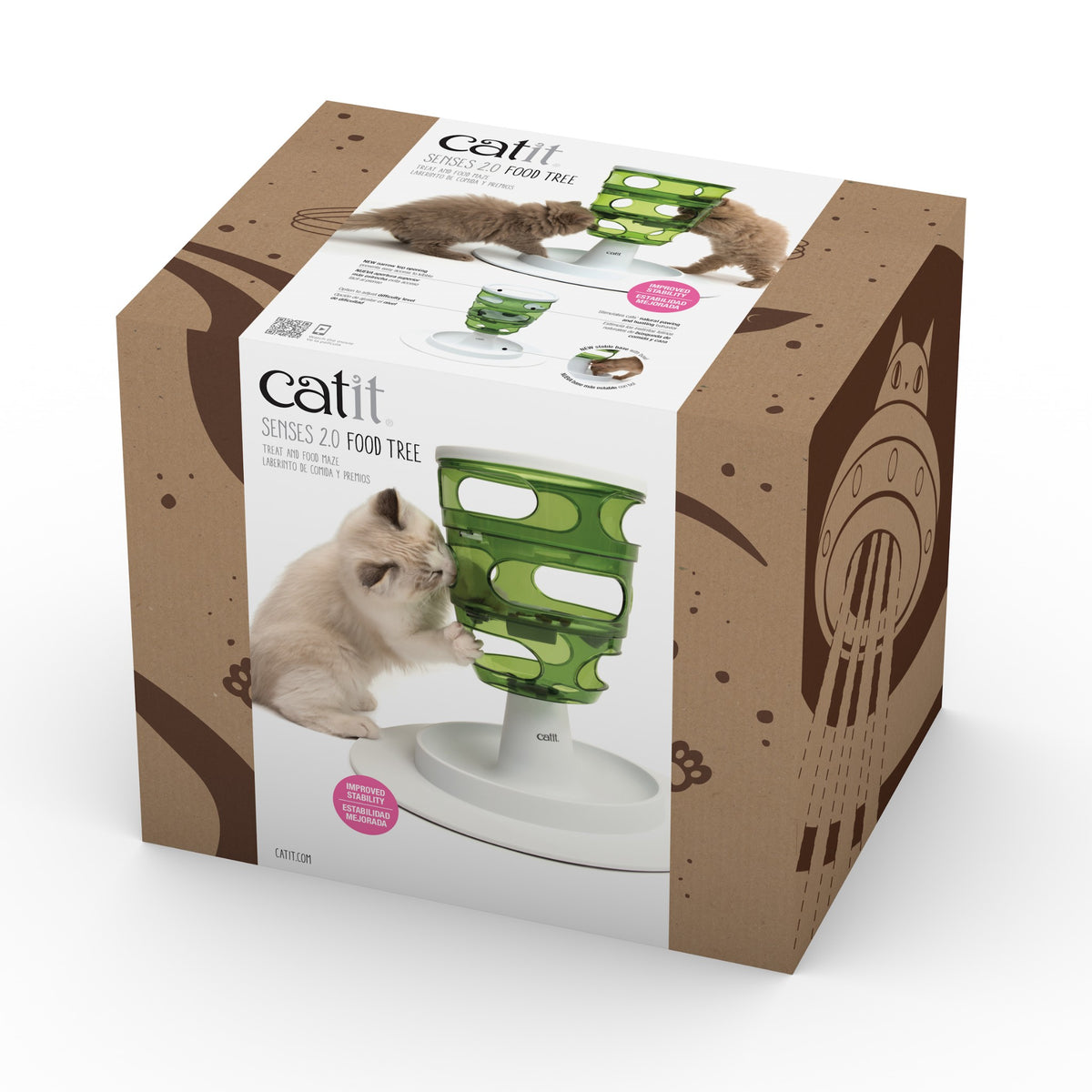 Catit Senses 2.0 Food Tree, a green stacked tower on a white base, with two kittens playing