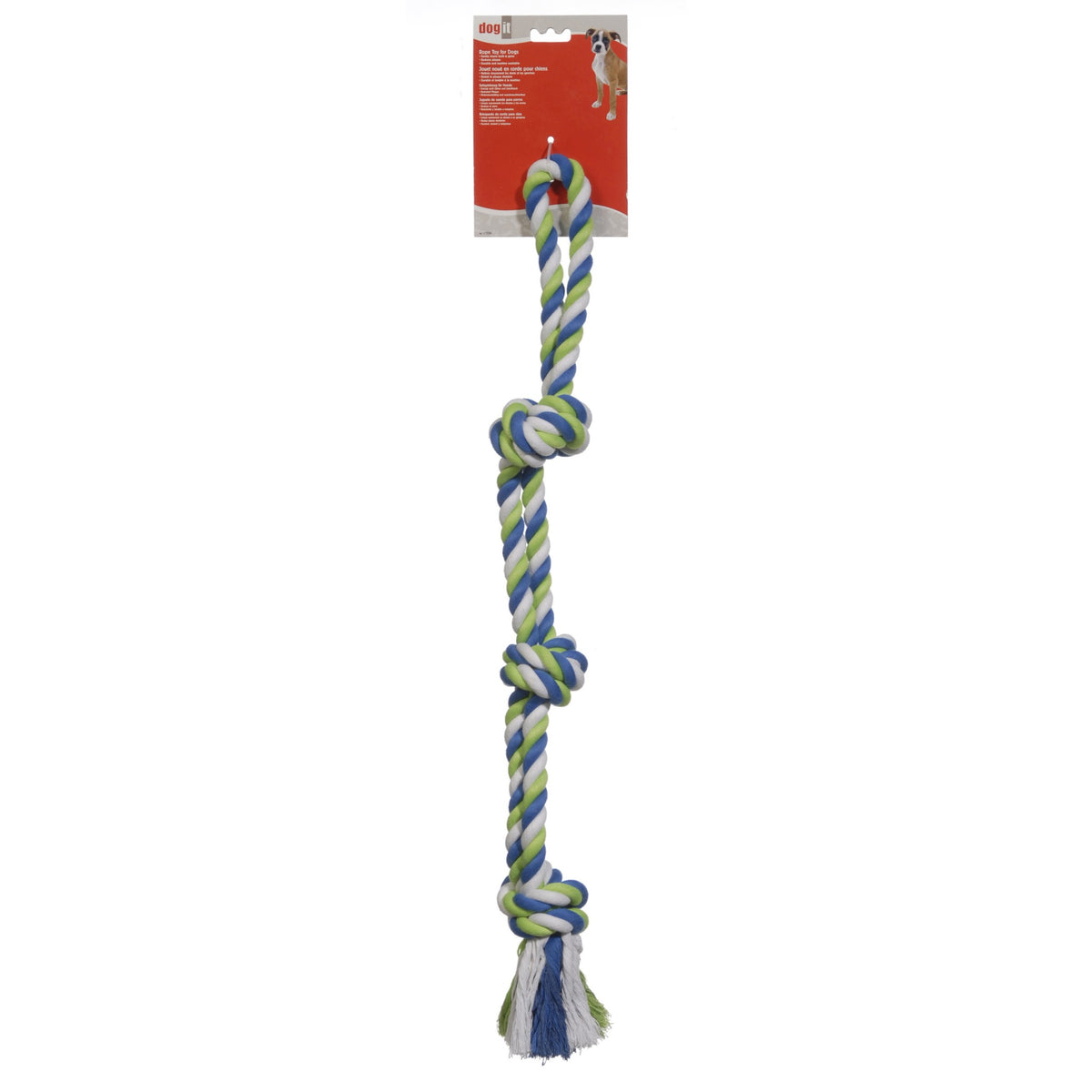 Blue, white and green three-knot rope toy, laid out straight