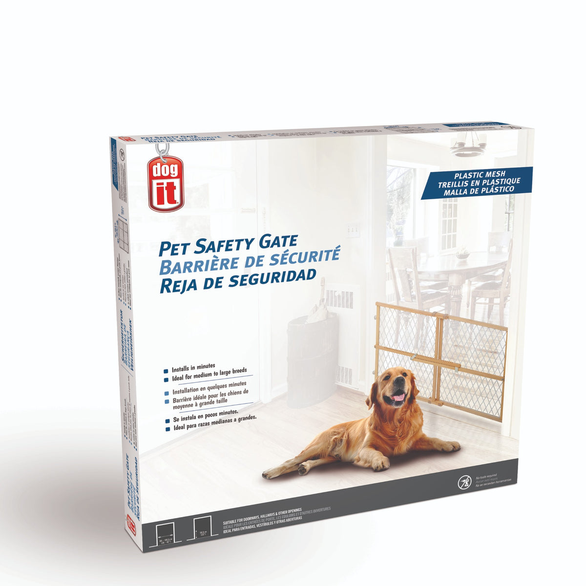 Packaging box, Dogit Pet Safety Gate plastic mesh, golden retriever lying behind the gate