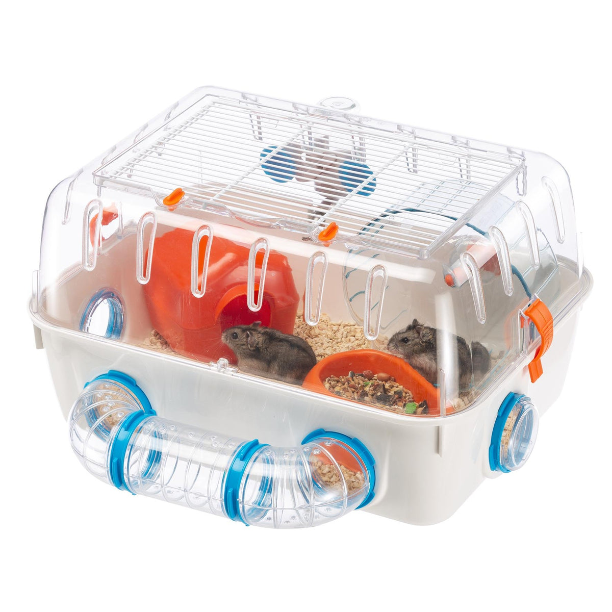 Ferplast COMBI 1 hamster cage with a clear top, tubes, wheel and white base