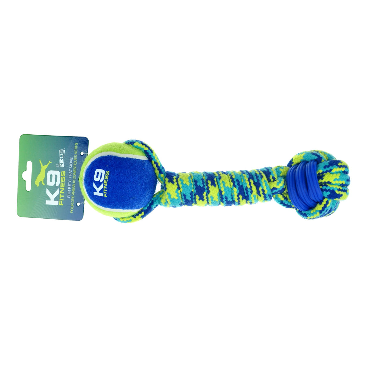 Zeus K9 Fitness rope dumbbell dog toy with a blue TPR ball and a K9 branded tennis ball