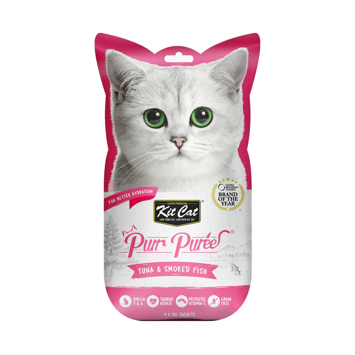 Kit Cat Purr Puree Tuna & Smoked Fish cat treat, front of the red 4-tube cat-shaped sleeve