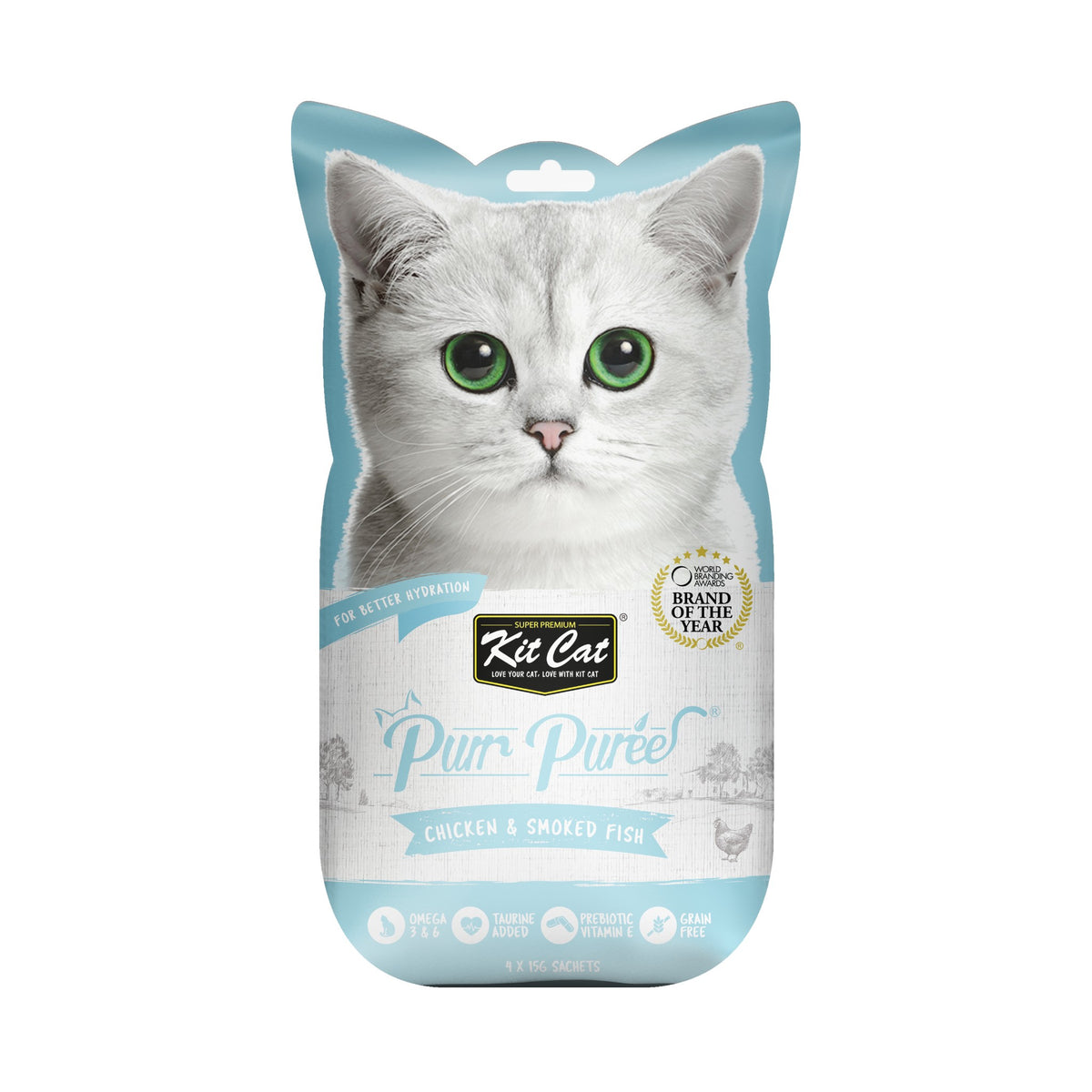 Kit Cat Purr Puree Chicken & Smoked Fish cat treat, front of the blue 4-tube cat-shaped sleeve