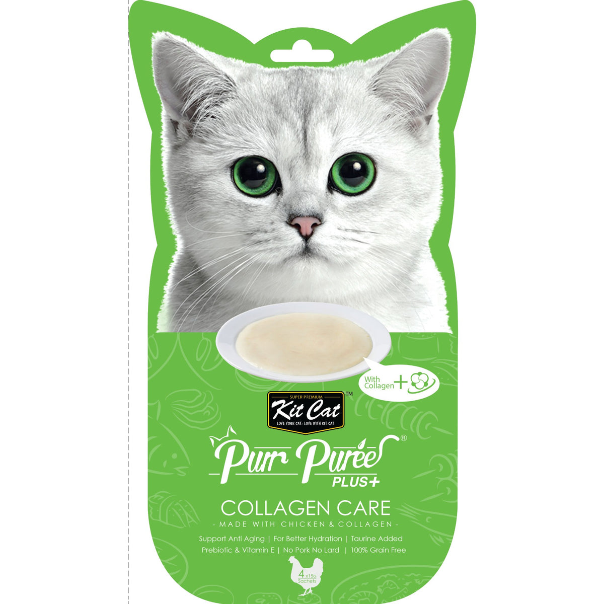 Kit Cat Purr Puree Plus+ Collagen Care with chicken and collagen, front of the green 4-tube sleeve