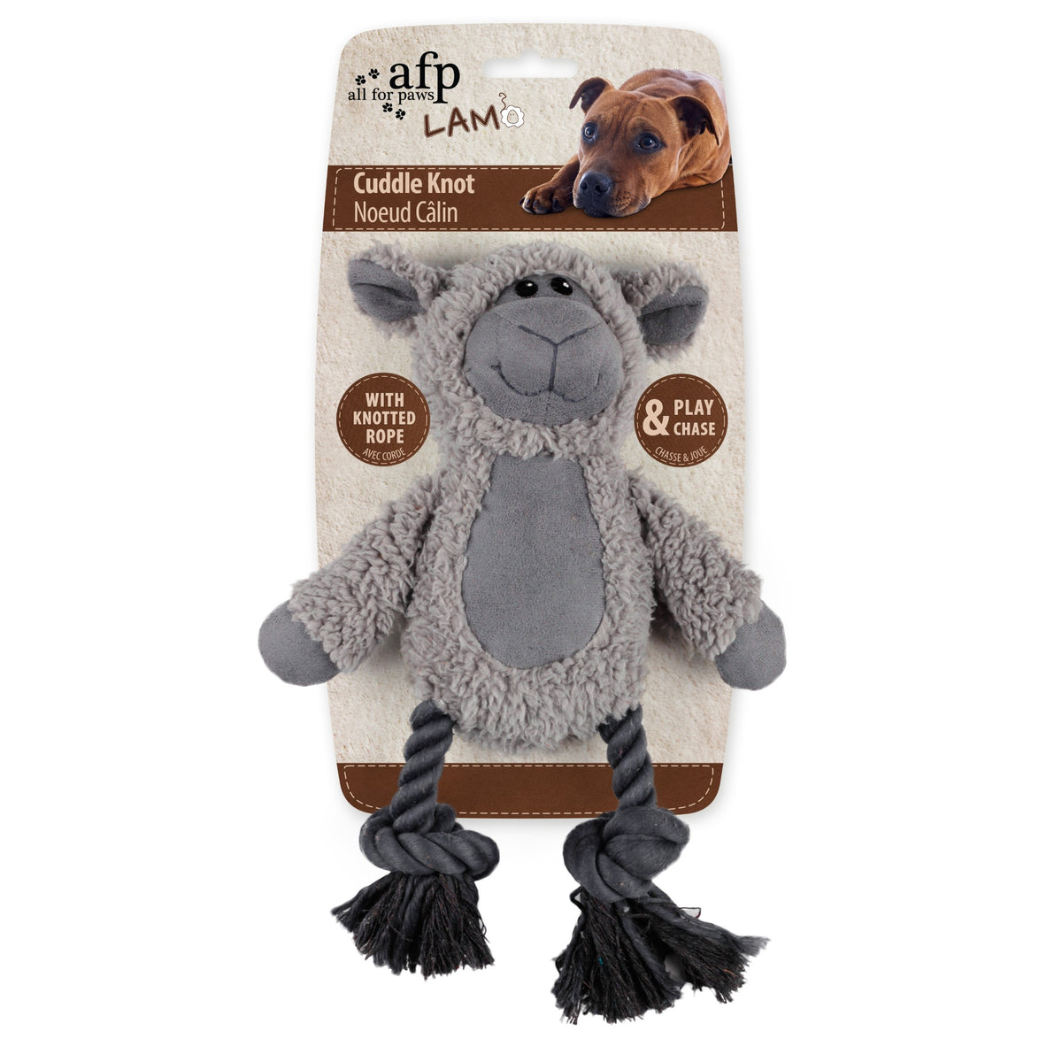 All for Paws AFP LAM Cuddle Knot grey sheep plush dog toy with knotted rope legs, on its card