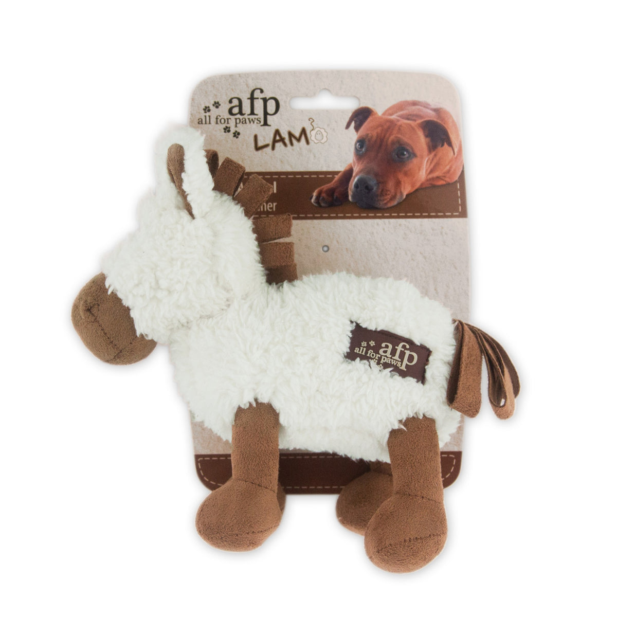 All for Paws AFP LAM Cuddle Ball white fleece horse plush dog toy with suede hooves, on its card