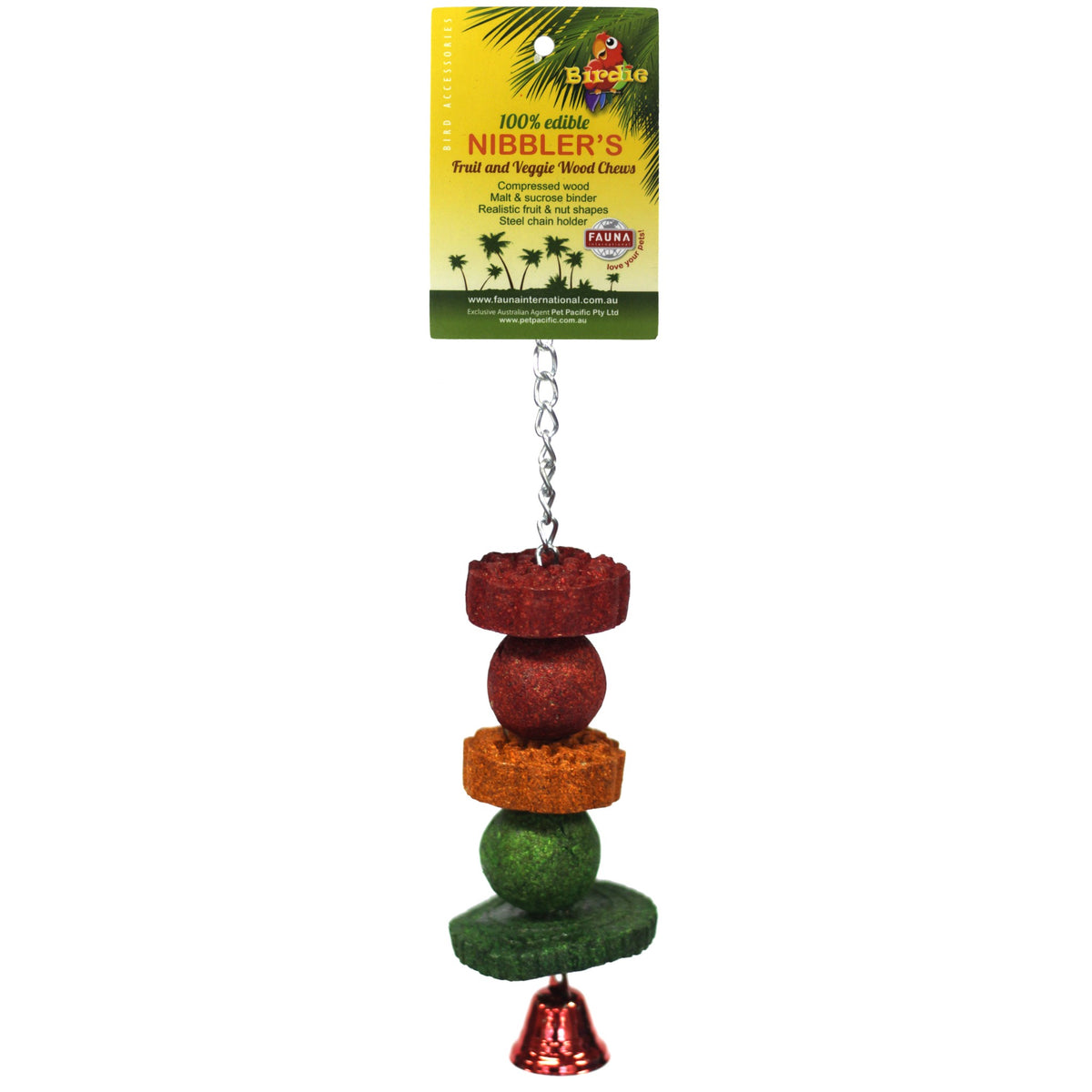 Birdie Nibbler Walnut & Fruit Slice Kabob on its green Nibbler's card, stacked walnut and fruit pieces above a bell