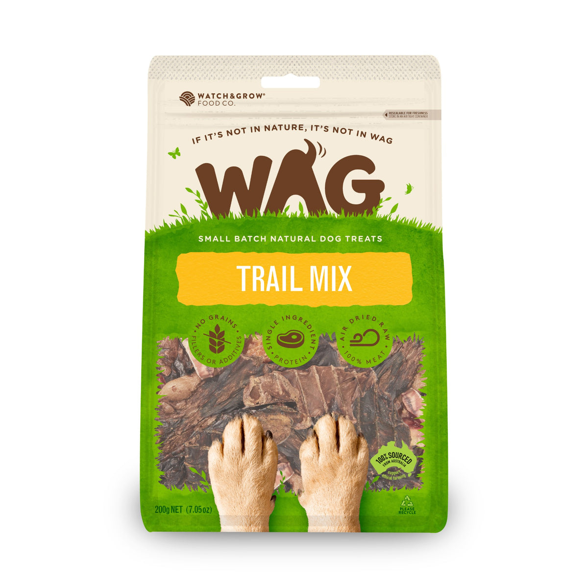 Packaging front, WAG Trail Mix bag with paw print graphic