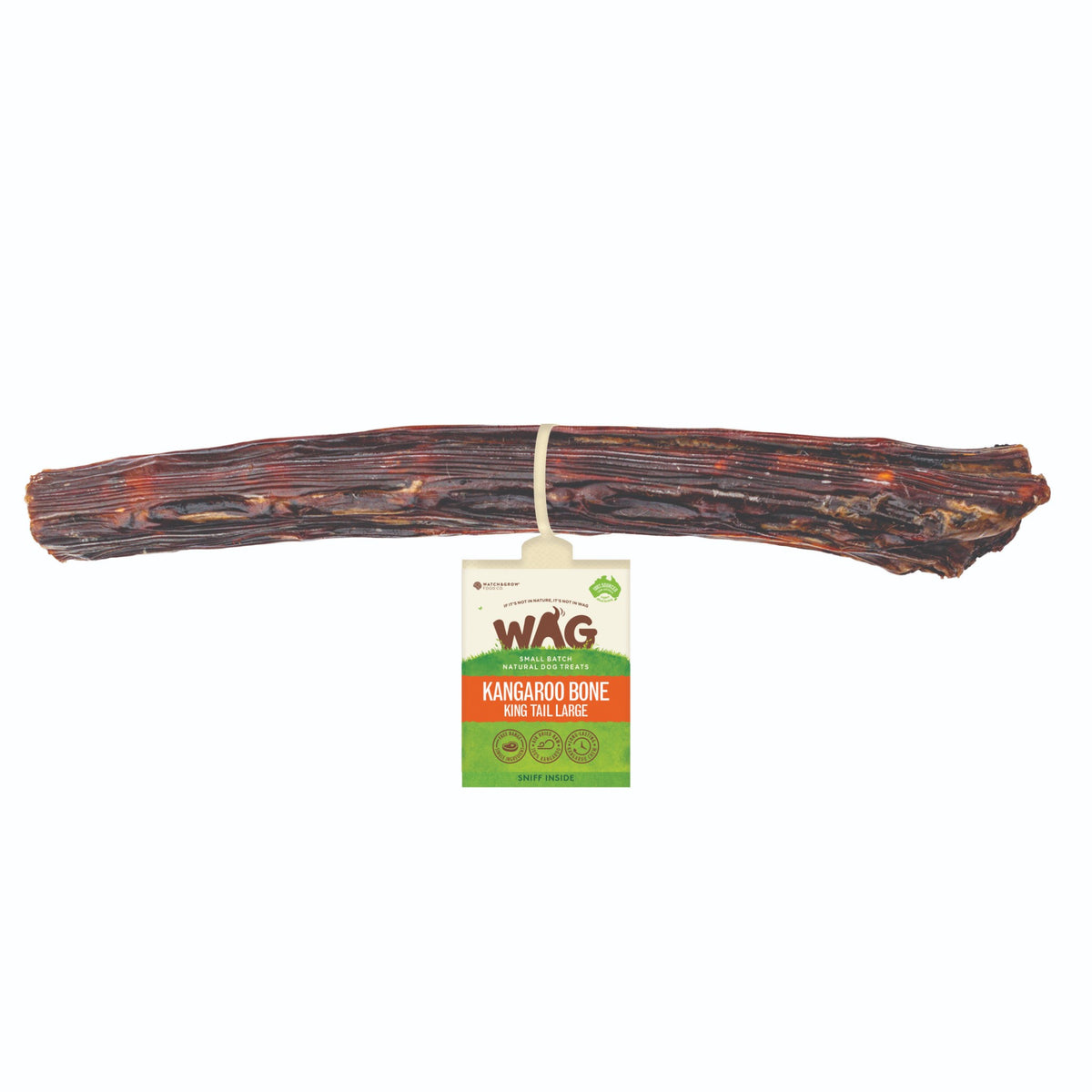 Kangaroo King Tail treat with WAG hang-tag, on a plain background