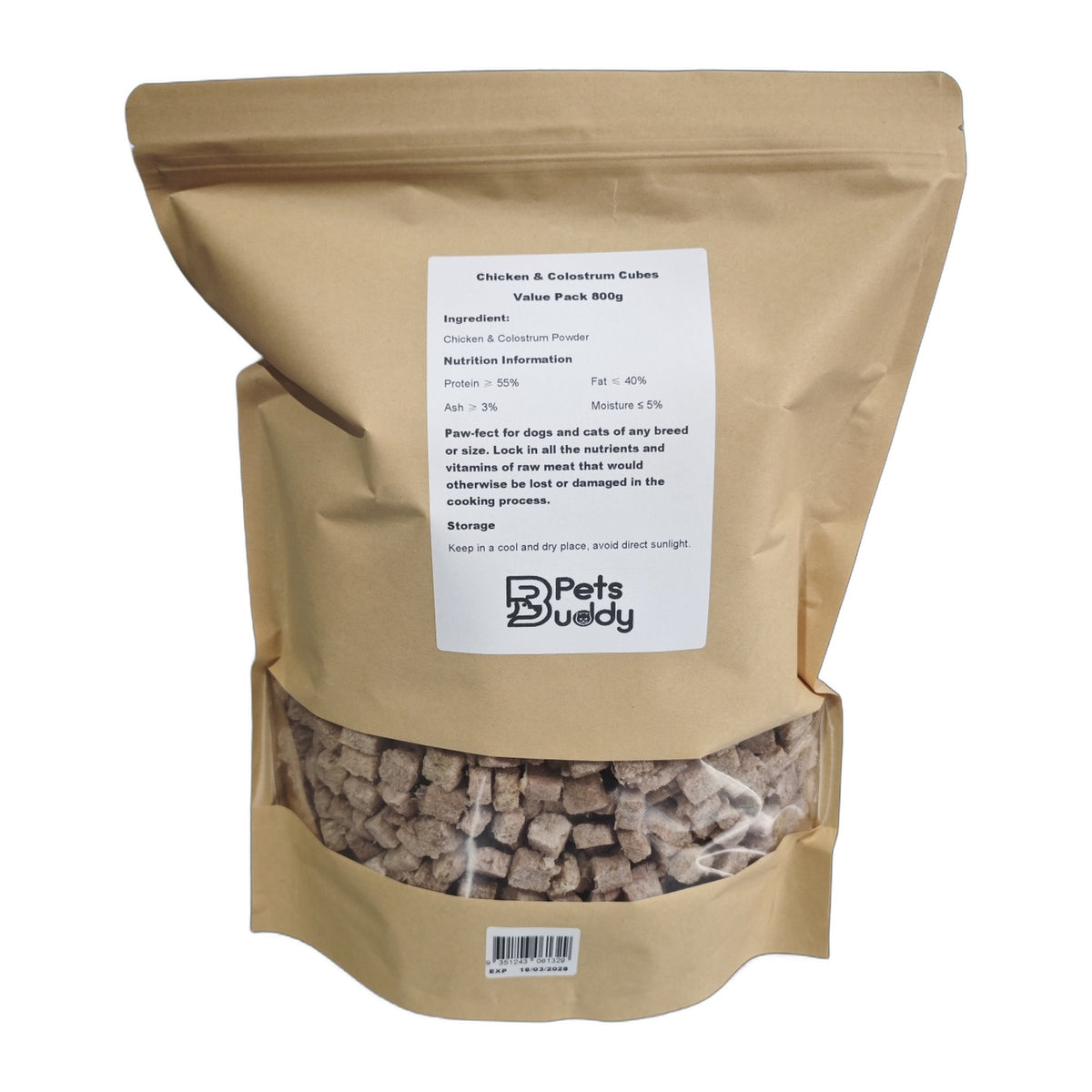 PetsBuddy Chicken & Colostrum Cubes 800g value pack, kraft pouch with freeze-dried cubes visible through the window