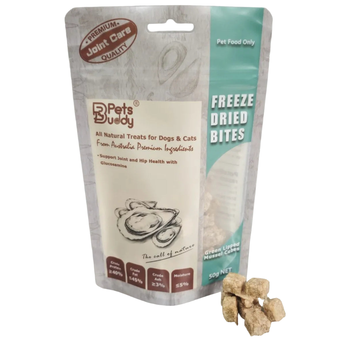 PetsBuddy Green Lipped Mussel Joint Care freeze-dried treats 50g pack, front of bag with cubes