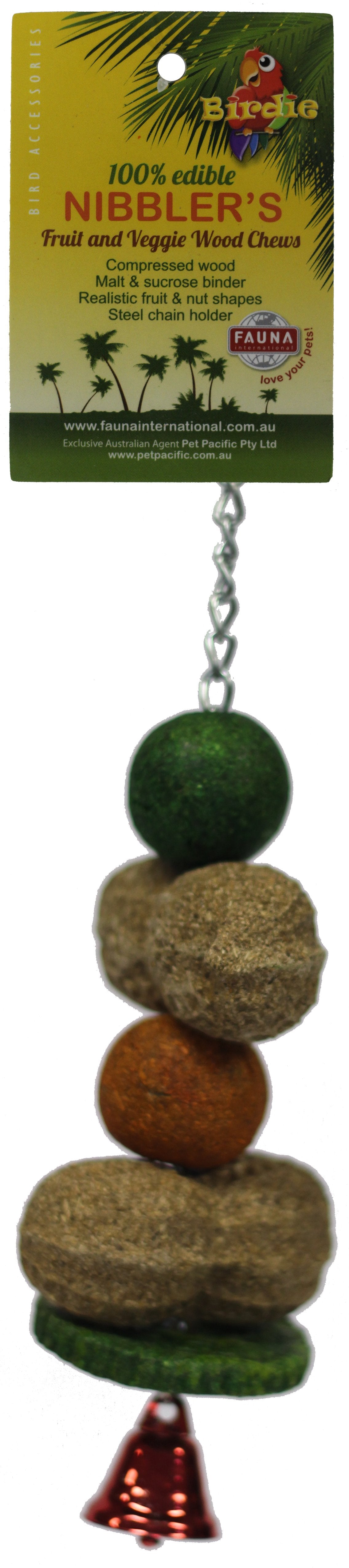 Birdie Nibbler Peanut & Melon Ball Kabob on its green Nibbler's card, stacked green and tan balls above a red bell