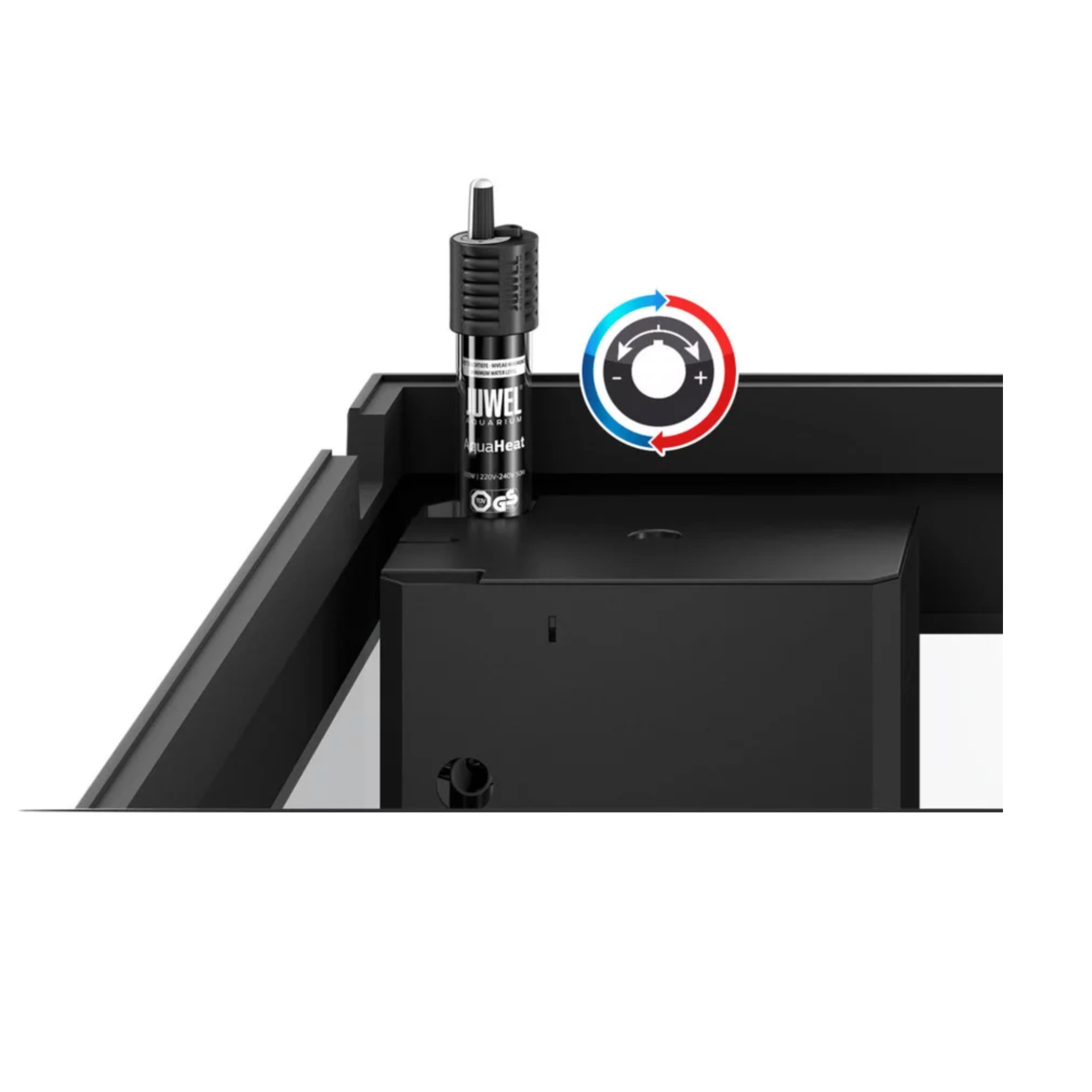 Render of a Juwel aquarium heater with its temperature dial on a black tank rim