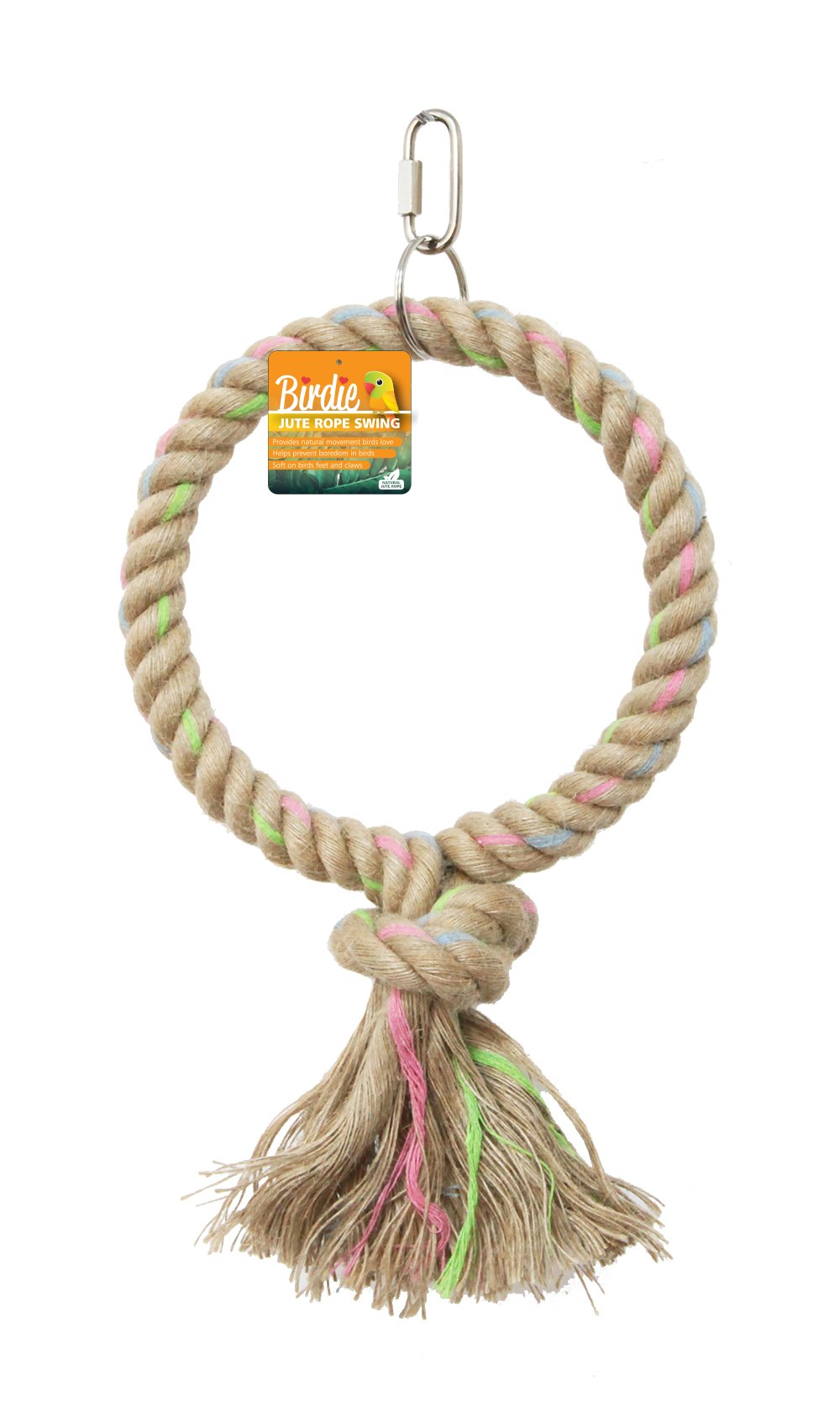 Birdie Jute Parrot Ring Single 16cm, a jute-wrapped ring with a knotted tassel and a Birdie hang tag