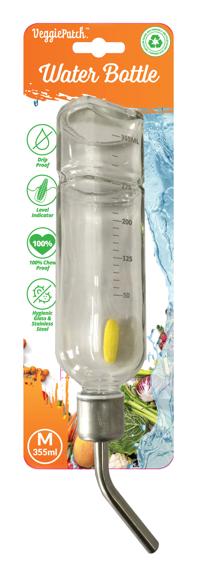 Veggie Patch Glass Water Bottle 355ml with stainless steel drinking tube, on card