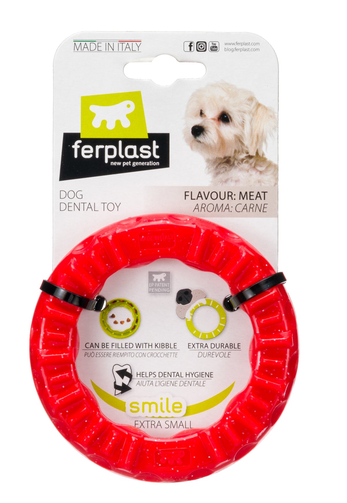 Ferplast Smile Ring dog dental toy in red, extra small, carded with a dog photo
