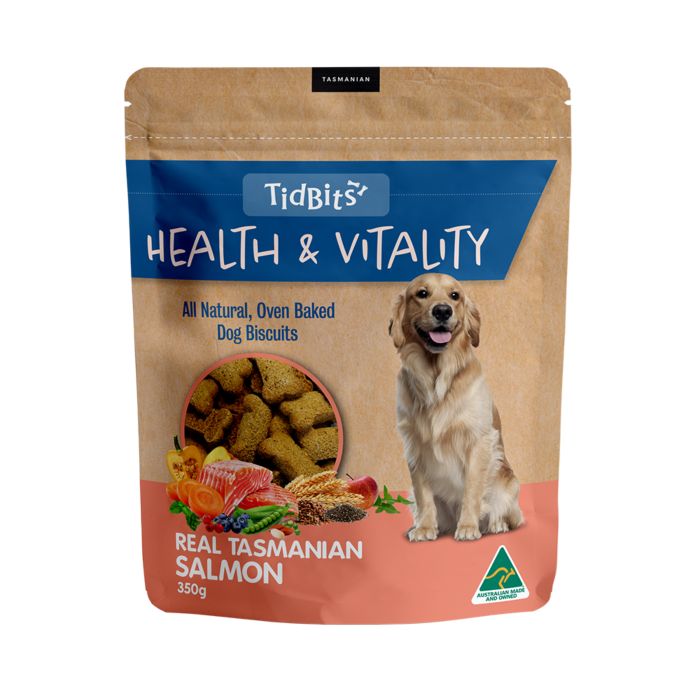 Tidbits Health & Vitality Tasmanian Salmon Dog Biscuits - 350g | PeekAPaw Pet Supplies